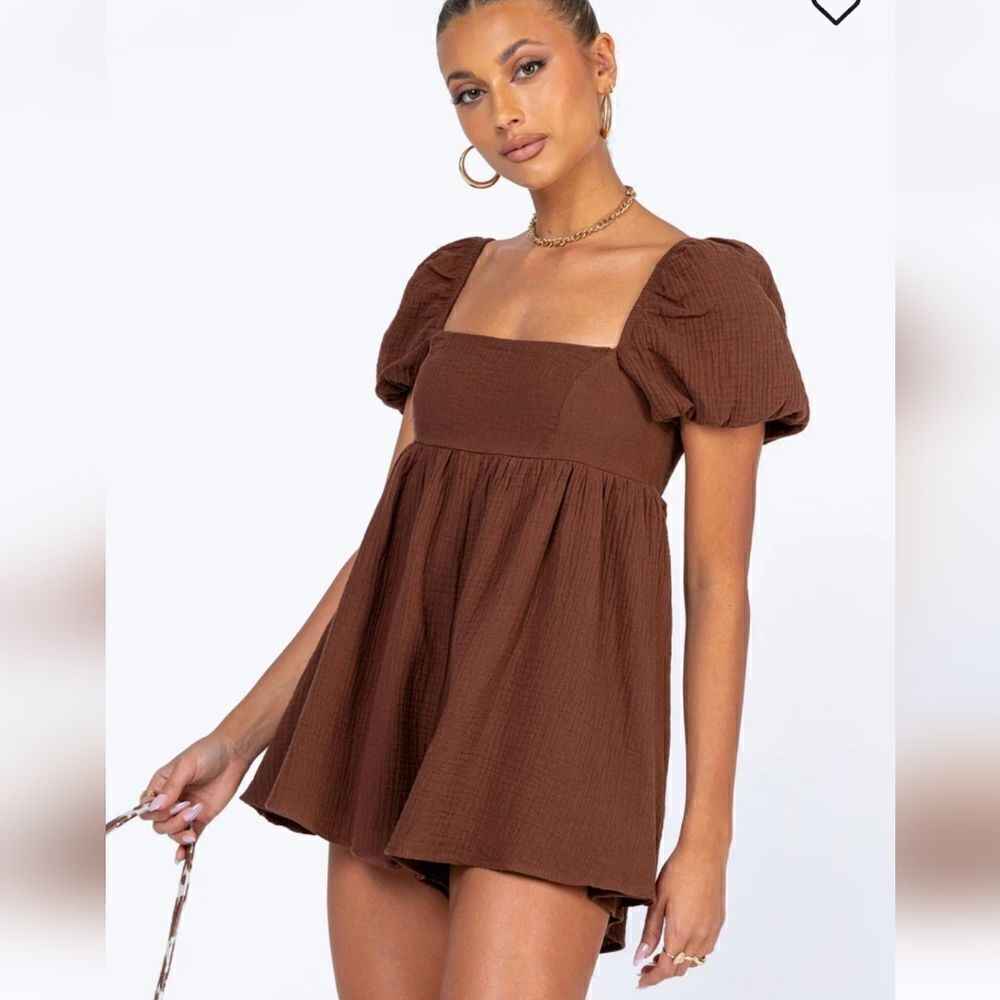 Princess Polly Lorna Gauze Romper Brown Size 2 - Picture 8 of 14